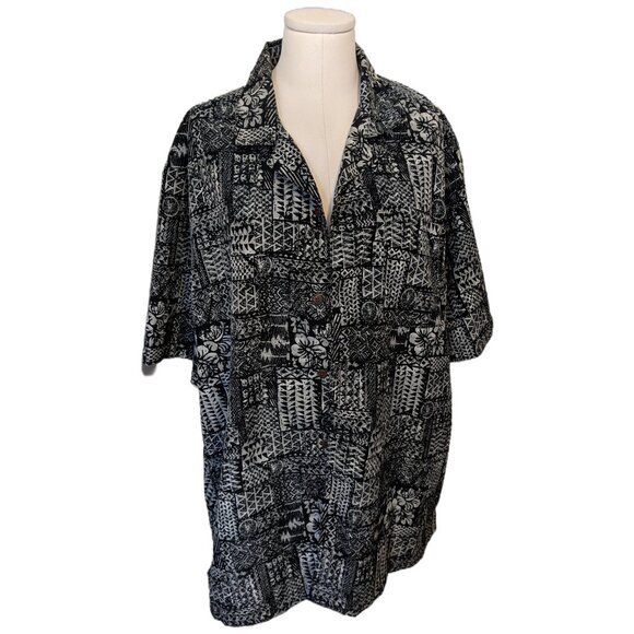 Mens Plus Size Black White Tribal Print Hawaiian Short Sleeve Button Up Beach XL - Picture 1 of 8